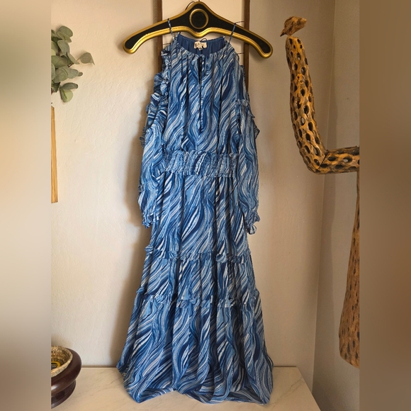 Mila Mae Blue Patterned Cold Shoulder Women's Midi Dress Size Small - Picture 3 of 8